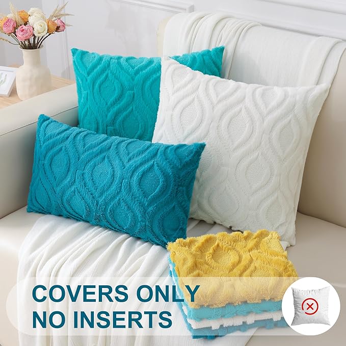 decorUhome Throw Pillow Covers 18x18 Inch Set of 2, Soft Plush Faux Wool Turquoise Solid Couch Pillow Covers, Accent Farmhouse Neutral Square Pillow Cases for Sofa Bed Living Room