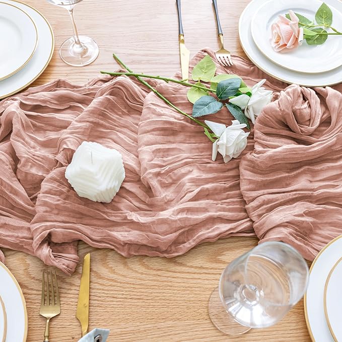 Wokceer Cheesecloth Table Runner Valentine's Day Dusty Pink 10FT Boho Gauze Wedding Cheese Cloth Table Runner for Party 120 Inches Long Easter Rustic Sheer Runners for Baby Bridal Shower Decor