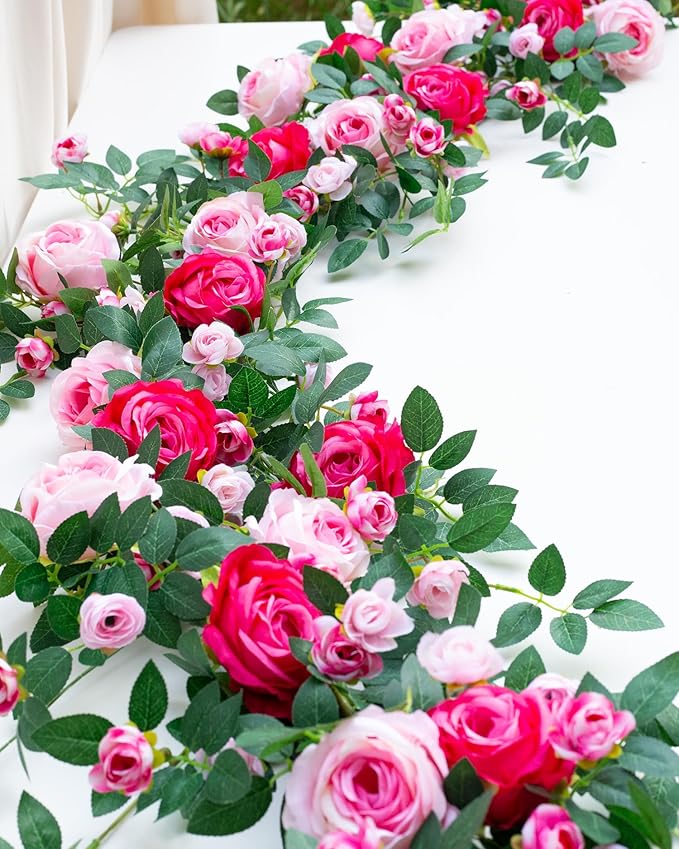 6FT Bendable Flower Garland, Artificial Rose Vine Hanging Floral Garland Decoration for Weding Home Room Wall Decor (Fuchsia, 1pcs)