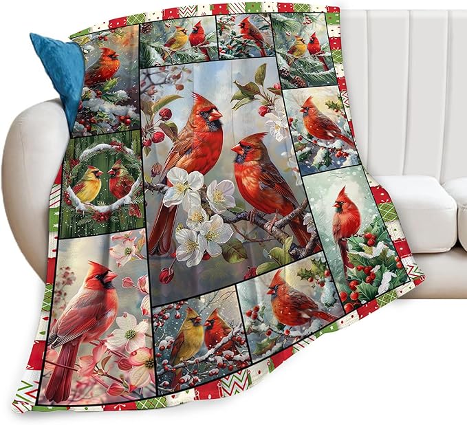 Red Birds Blanket Christmas Bird Throw Blankets Plush Cozy Flannel Fleece Ultra Soft Fuzzy Flower Party Blanket Gifts for Girls Women Men Boys Kids Bed 60"X50"