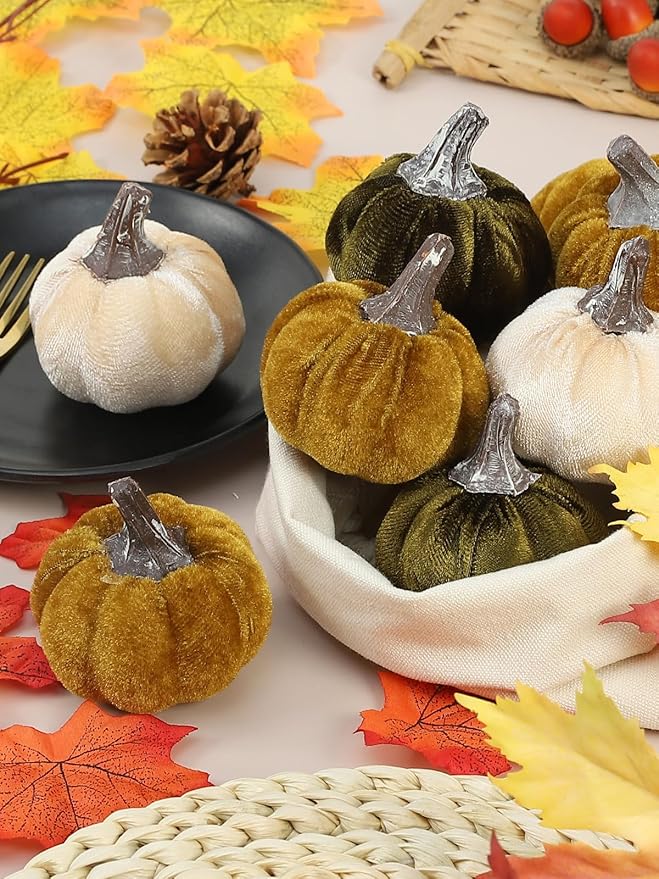 12pcs Fall Pumpkins Decor Set,Artificial Mini Pumpkins for Decorating, Velvet Mixed Fall Pumpkin Decor for Halloween Thanksgiving Harvest Table Centerpieces (Olive Green&Dark Green&Cream)