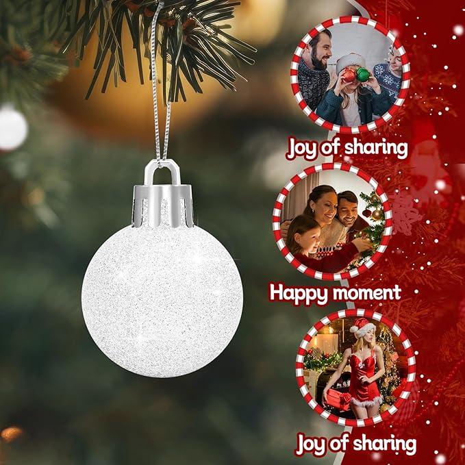 48Pcs Mini Christmas Balls Christmas Tree Decoration Ornaments Shatterproof Glitter Christmas Hanging Balls for Christmas Tree Party Wedding Indoor Outdoor Decoration(White, 1.2inch-48pcs)