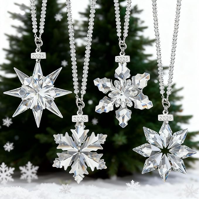 2025 Christmas Ornaments 4pcs Crystal Snowflake Ornament for Christmas Tree Hanging Pendant Crystal Sun Catcher Home Decor