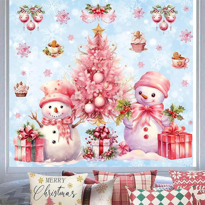 Pink Christmas Window Clings Removable Snowman Static Decals Indoor Home Decoration Double-Sided Xmas Tree Stickers for Glass Winter Pine Tree Snowflakes Cling for Living Room Holiday Party Supplies
