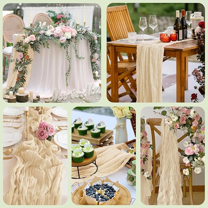 6PCS Table Runner Cheesecloth 10FT Sand Boho Gauze Cheese Cloth Rustic Sheer Table Runners for Wedding Bridal Baby Shower Party Decoration