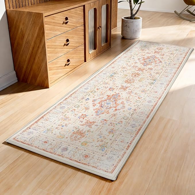 Runner Rug with Non Slip Rubber Backing, Washable Soft Floor Carpet for Kitchen, Hallway, Entryway Indoor, Bedroom, Laundry, Low Pile Area Rugs, Geometric Floral, Yellow Pattern, 2' * 6'