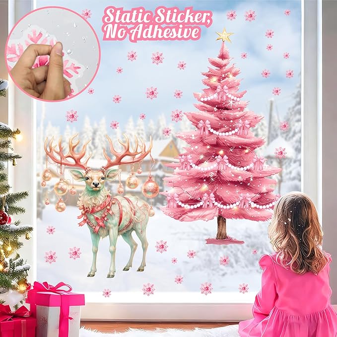 Pink Christmas Window Clings Large Christmas Pine Tree Decoration Decals for Glass Double-Sided Snowflake Elk Stickers Removable Xmas Reindeer Static Decal for Winter Holiday Party Home Indoor Decor