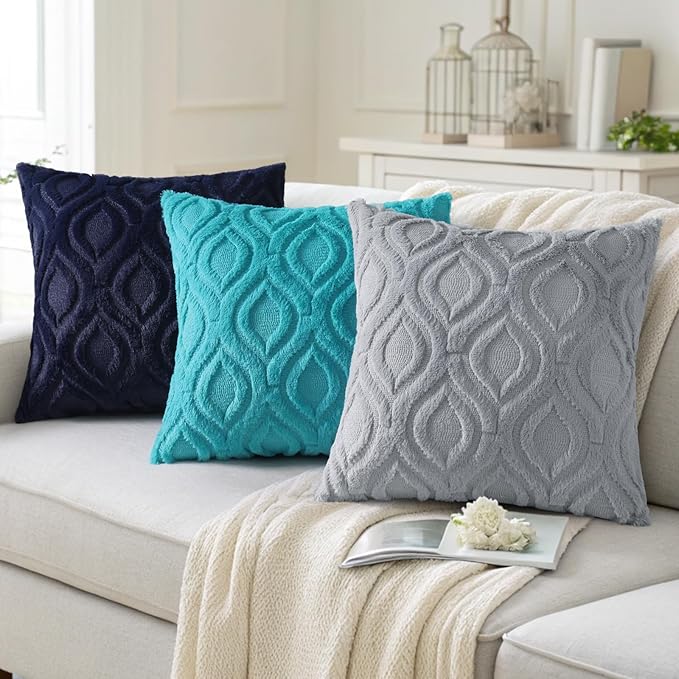 decorUhome Throw Pillow Covers 22x22 Inch Set of 2, Soft Plush Faux Wool Navy Blue Solid Couch Pillow Covers, Accent Farmhouse Neutral Square Pillow Cases for Sofa Bed Living Room