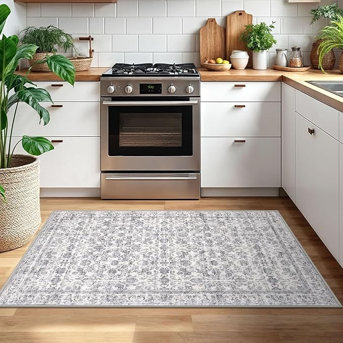 3x5 Washable Area Rug for Entryway, Grey Soft Distressed Floral Rug with Non-Slip, Low-Pile Vintage Neutral Area Rugs for Entryway Nursery Bedroom Dining, Dorm Carpet with Non-Shedding