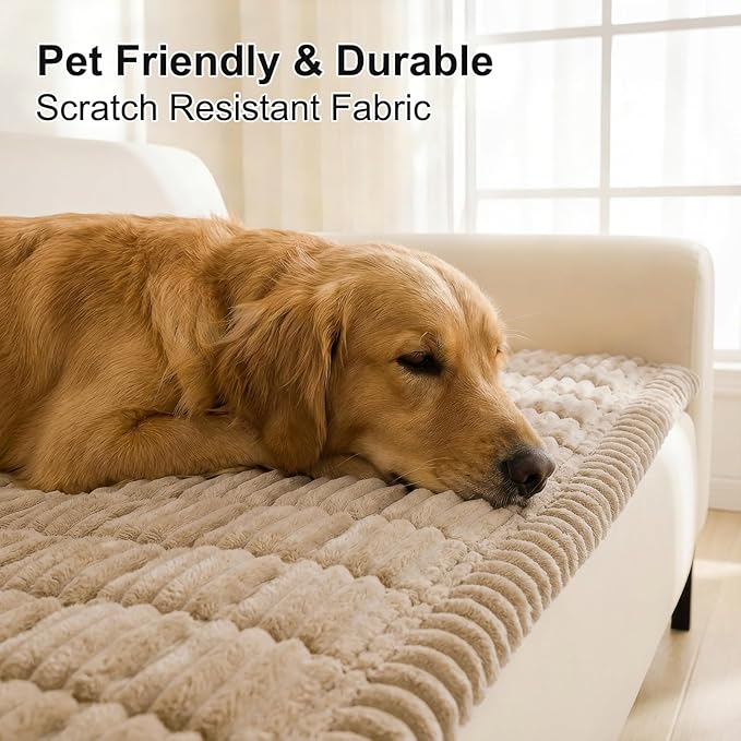 Smiry Couch Cover for Dogs Washable, Non Slip Fuzzy Pet Couch Covers for 3 Cushion Sofa Pet Friendly, Thick Soft Sofa Slipcovers Cushion Protector (Khaki, 27.6" x 59")