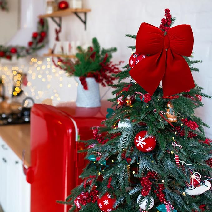 Red Velvet Large Bow Decorations, 2PCS Valentine's Day Christmas Tree Topper Bows Decor, for Home Wreaths Stairs Railing Holiday Wedding Xmas Indoor Outdoor