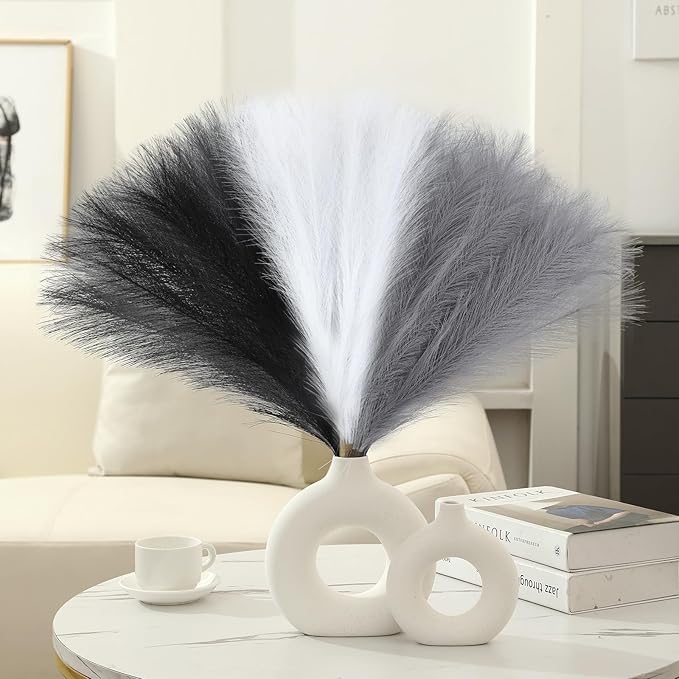 Faux Pampas Grass Decor 17.7 Inch 6pcs, Artificial Pampas Grass Fluffy Home Decor, Short Vase Room Decor pompous Grass Flower Arrangement for Boho Home Wedding Decoration (Black,White,Grey)