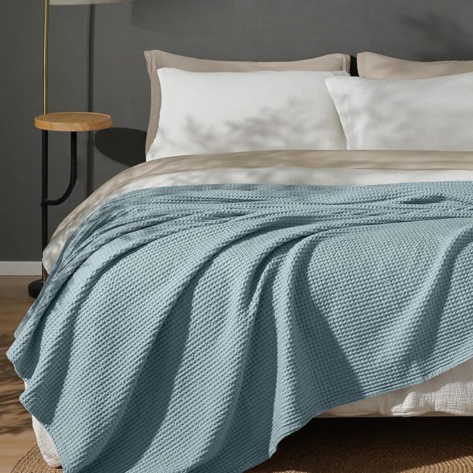 PHF 100% Cotton Waffle Weave Blanket King Size for Bed,Snag Proof Lightweight Breathable Moisture-Wicking Throw for Couch,Great for Layering in Cold Weather,Machine Washable,Home Decor Gift-Ocean