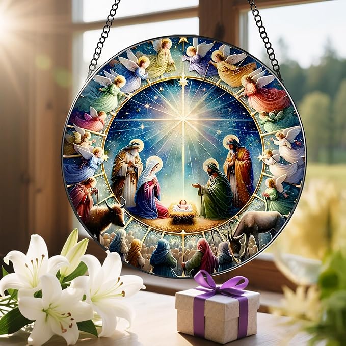 Stained Glass Window Hanging, LAOWEIKI 8'' Nativity Scene Suncatcher, Stained Glass Ornament, Window Decor, Outdoor or Indoor, Christian Gifts, Religious Gifts for Women