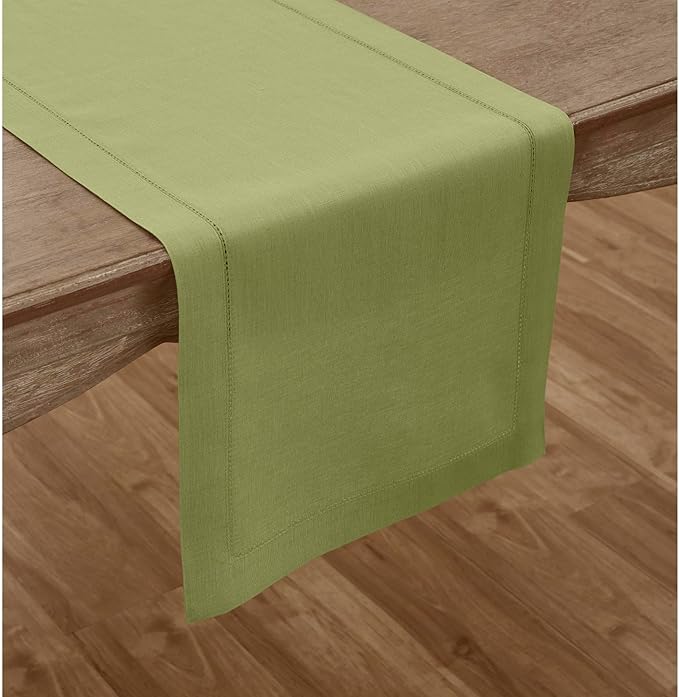Solino Home Linen Moss Green Table Runner 156 Inches Long - 100% Pure Linen Extra Long Table Runner 14 x 156 Inch for Spring, St Patricks Day, Easter - Classic Hemstitch