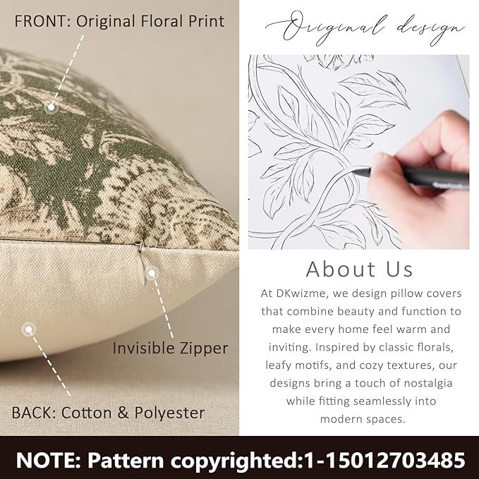 Vintage Floral Print Throw Pillow Covers 18x18 Set of 2 Neutral Modern Farmhouse Pillowcases Accent Decorative Cushion Covers Boho Home Decor for Couch Sofa Chair Bed Living Room, Olive Green