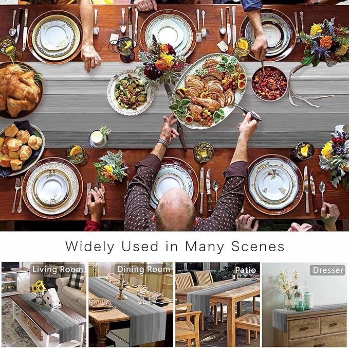 Vandarllin Table Runners 13X72 Inches Long, Light Gray Dark Grey,Cotton Linen Farmhouse Retro Rustic Barn Wood Texture Tablecloths Non-Slip Party Table Decorations for Kitchen,Home,Dining,Outdoor,