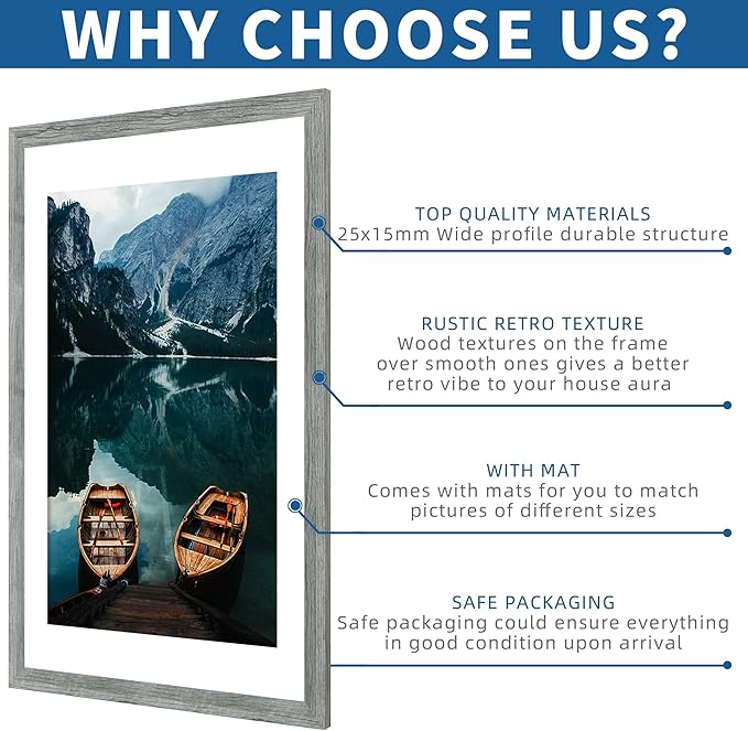 24x36 Poster Frame Set of 2, Rustic Grey Wood Style - Display 24 x 36 Poster without Mat or 20x30 Picture with Mat, Wall Mounting Horizontal and Vertical