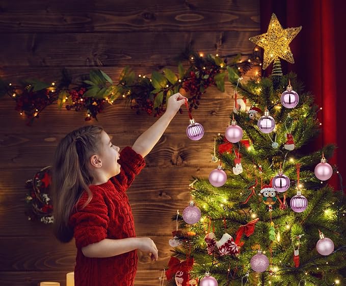 Hollyone 1.57" Bubblegun Pink Christmas Ornaments for Christmas Tree 36 Pcs Mini Shatterproof Balls Xmas Tree Decorations Small Xmas Ornaments Balls with Hanging Loop Holiday Party Wreath Home Decor