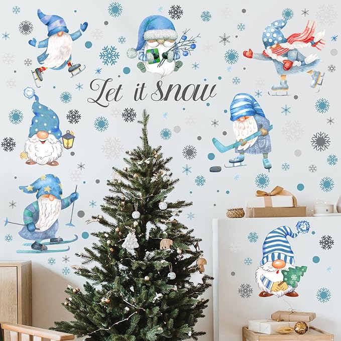 135 Pcs Winter Wall Decals Snowy Winter Gnome Stickers Snowflake Wall Decals White and Blue Stickers Christmas Window Clings for Home Bedroom Kitchen Decor Gift