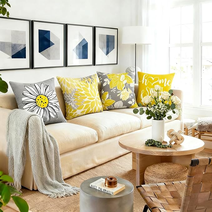 Decorative Throw Pillow Covers Set of 4 Yellow Pillow Covers 16x16 inch Throw Pillow Cases Linen Square Pillow Case,Farmhouse Outdoor Modern Boho Pillow Covers for Couch Sofa Living Room