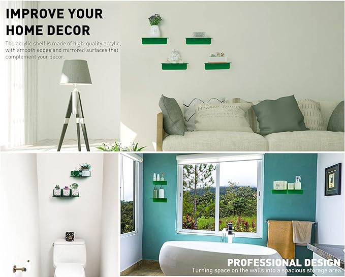 OAPRIRE Wall Mount Shelves Set of 2 for Bedroom, Bathroom, Kids Room & More - Drill Free Acrylic Shelf with Cable Clips, Waterproof Strong Adhesive, Easy to Install (Emerald)