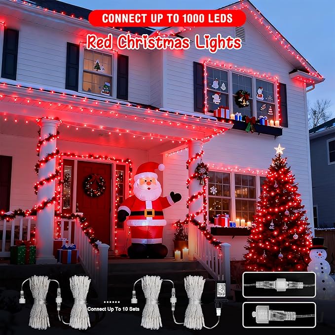 JMEXSUSS 2 Pack 100 LED Red Christmas Lights Outdoor Waterproof, Each 33ft Red String Lights Indoor Plug in, 8 Modes Connectable Christmas Tree Light for Xmas Yard Bedroom Fireplace Party Decorations