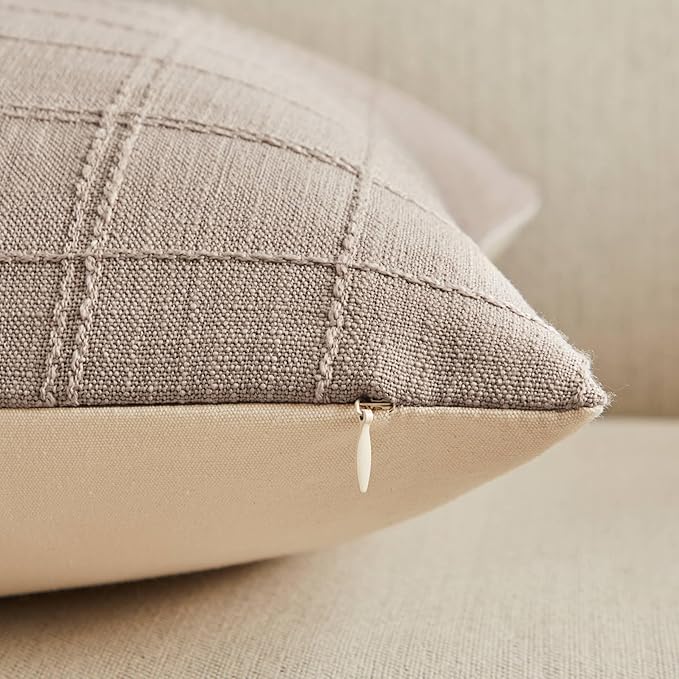 ZeeMart Linen Checked Throw Pillow Covers Set of 2, 22x22 Inch Taupe/Cream, Farmhouse Decorative Single Sided Grid Embroidered Couch Pillow Cases Light Brown Cotton Linen Cushion Covers
