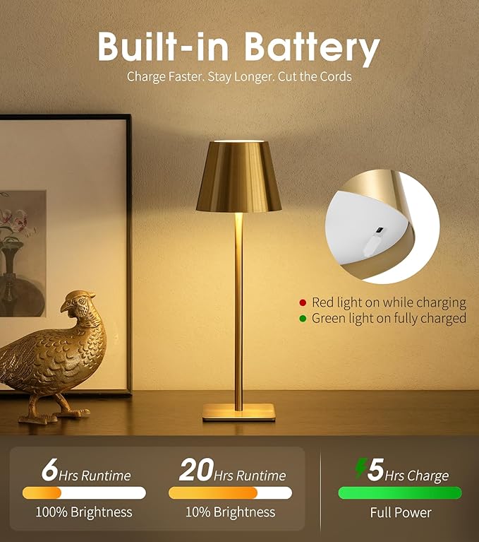 UME 6 Pack Cordless Table Lamp, Battery Operated Lamp - Portable Waterproof Rechargeable Table Lamp w/ 3 Color Temps & Stepless Dimming for Dinner, Desk, Cafe, Outdoor (Brushed Gold)