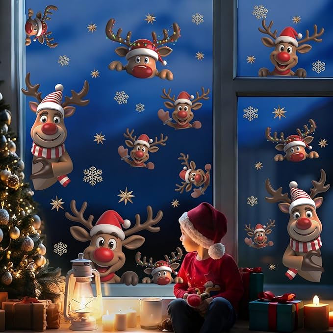Christmas Window Clings Reindeer, Xmas Elk Wall Decals, Christmas Reindeer Wall Stickers, Xmas Snowflake Window Stickers, Xmas Elk Wallpaper for Party Class Home Living Room Bedroom