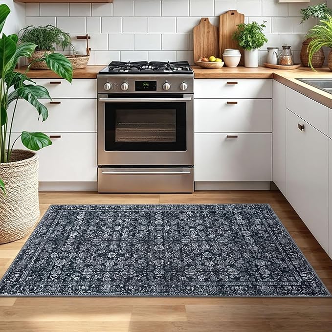 3x5 Entryway Area Rug Black Washable Soft Distressed Floral Rugs, Non-Slip Low-Pile Vintage Neutral Carpet for Entryway Nursery Bedroom Dining Dorm Living Room