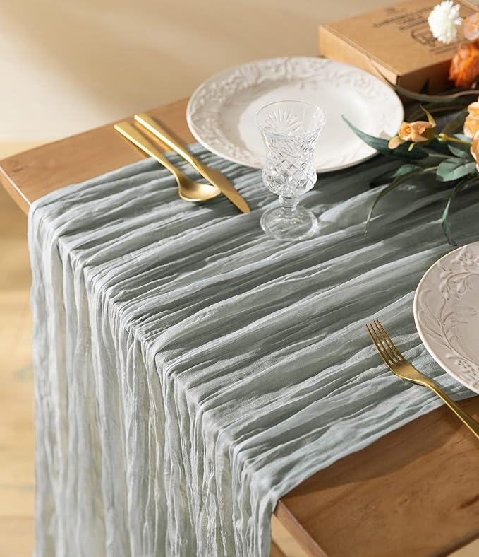 Vitalizart Cheesecloth Table Runner 10ft Gauze Boho Rustic Light Gray Cheese Cloth Table Runner for Wedding Bridal Shower Fall Thanskgiving Decoration 120 Inches