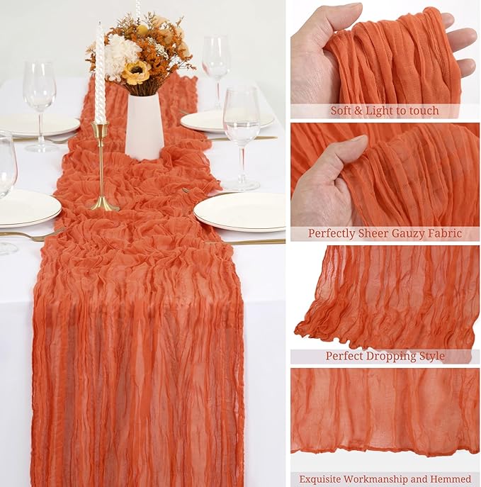 12 Pack Orange Cheesecloth Table Runner,10FT Gauze Boho Long Easter Cheesecloth Table Runners 20x120inch Rustic Cheese Cloth Table Runner for Wedding Party Bridal Shower Table Fall Decorations