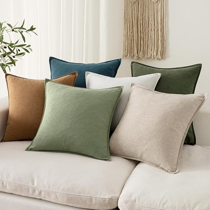 EMEMA Decorative Linen Throw Pillow Covers 18x18 Inch Natural Beige Boho Farmhouse Neutral Couch Throw Pillows for Bed Pack of 2 Accent Pillowcase Modern Sofa Cushion Livingroom Home