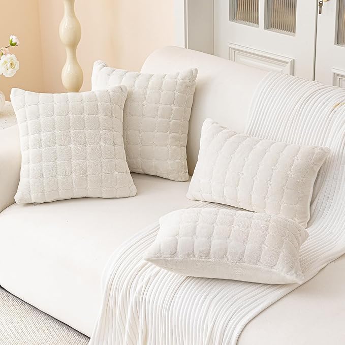 Velvet Throw Pillow Covers(Pack of Two, Beige White) 20×20 Inch Decorative Pillows Cover Neutral Soft Chenille Couch Pillows with Zipper Aesthetic for Living Room and Bedroom
