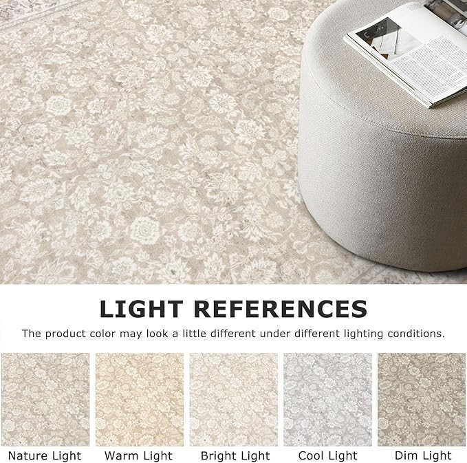 9x12 Area Rug, Cream Beige White Grey Large Washable Rug for Living Room with Non-Slip Soft Vintage Bedroom Rugs Traditional Farmhouse Carpet for Nusery Dining Room Office Home Décor