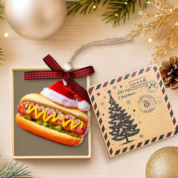Hot Dog Christmas Ornaments - Funny Food Ornaments for Christmas Tree - Food Decorations Gifts for Lovers & Friends, Women, Men - Hanging Acrylic Ornament