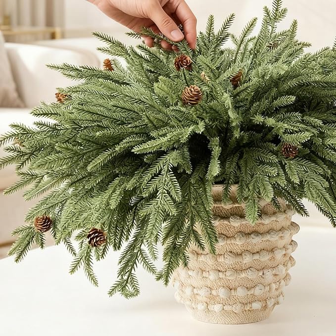 DN DECONATION Artificial Christmas Norfolk Pine Stems, Faux Pine Branches with Cones 22.4" 12PCS - Greenery Fake Pine Needles for Vase Arrangements, Winter, Holiday Indoor Outdoor Home Decor