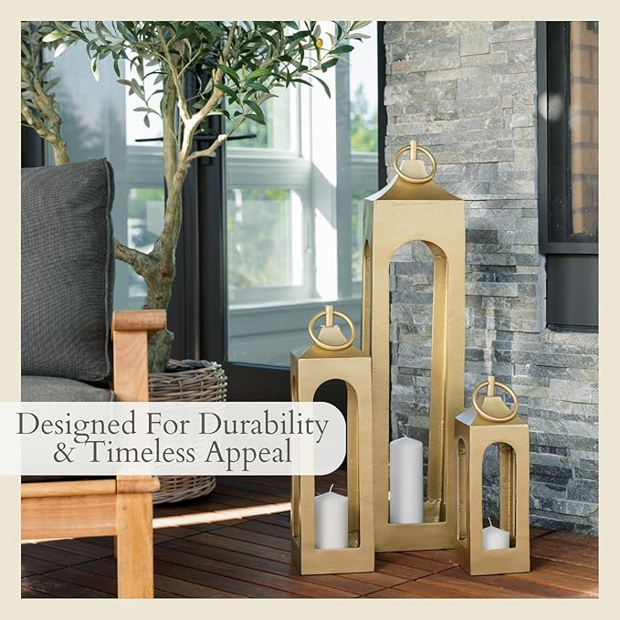 CG Hunter Large Brass Lantern, Rustic Metal Decorative Lantern, Candle Holder for Indoor & Outdoor, Home Decor for Patio, Garden & Tabletop, Hanging Lantern for Parties & Weddings