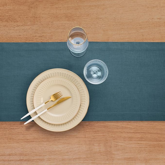 Solino Home Linen Table Runner 90 Inches Long - 100% Pure Linen Peacock Blue Table Runner 14 x 90 Inch - Fete