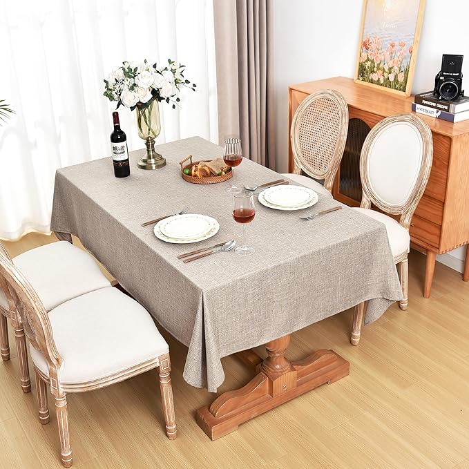 Fitable Faux Linen Tablecloths Rectangle 60 x 102 Inch - 2 Pack Neutral Table Clothes for 6-8 Foot Tables, Nature Faux Burlap Kitchen Table Cover for Dining, Party, Farmhouse, Banquet, Buffet