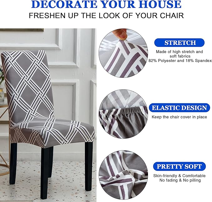 Sufdari Dining Chair Covers,Kitchen Chair Cover,Parsons Chair Slipcover,Spandex Chair Protectors for Dining Room Stretch Chairs Cover Set of 6 -Gray Diamond