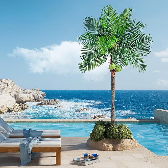 Artificial Phoenix Palm Tree 8.2ft Tall - Fake Large Tropical Tree with Adjustable Leaves, Realistic Faux Sago Palm for Indoor Outdoor Decor, Patio, Poolside, Yard, Living Room, Office