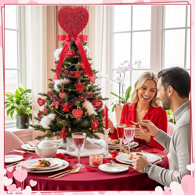 Soulchen Valentine Day Tree Topper 11.8 Inch Red Heart Tree Topper with Bow Artificial Rose Flower Valentines Trees Ornaments for Valentine's Day Wedding Holiday Party Supplies
