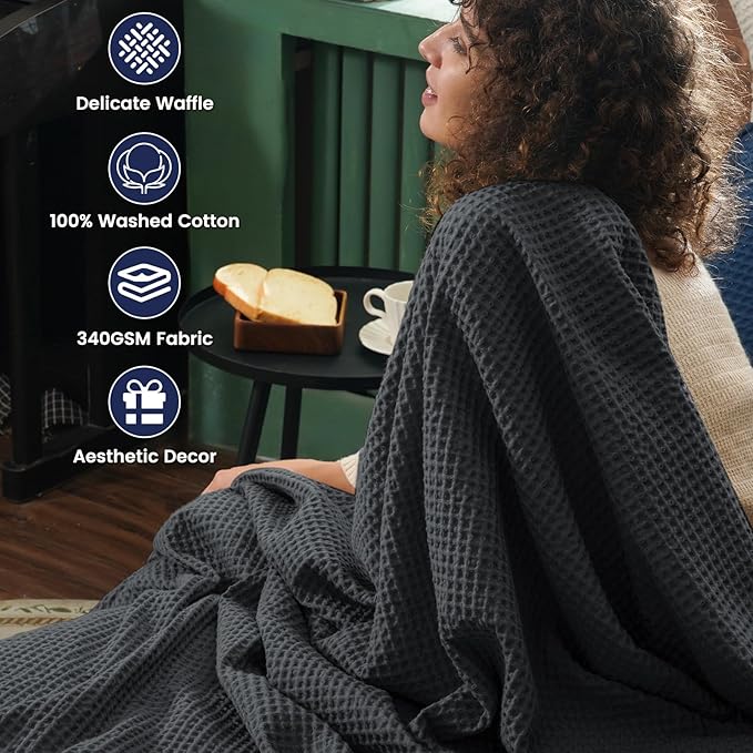 PHF 100% Cotton Waffle Weave Throw Blanket 50" x 60" - Lightweight Washed Soft Breathable for Adults and Kids - Perfect Layer for Couch Bed Sofa - Elegant Home Decoration Gift - Black