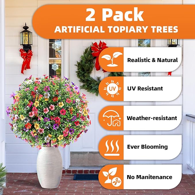 27.5" Artificial Boxwood Topiary Ball Trees with Colorful Flowers, Set of 2 Fake Bushes Shrubs with Ground Spike, UV Resistant Faux Evergreen Tree for Front Porch Outdoor Garden Decor