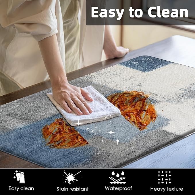Arttown Blue Anti-Fatigue Kitchen Rug Set of 2 Navy Blue Grey Abstract Cushioned Floor Mat, Standing Waterproof Non-Slip Kitchen Mat and PVC Ergonomic Comfort Foam Rug