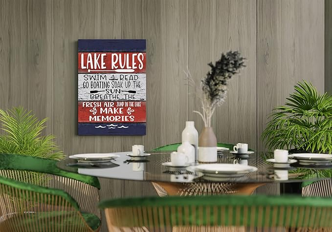 BXFAHZJ Lake Rules Wood Grain Wall Art Canvas Farmhouse Lake Theme 11x14 Inch Prints Decor For Lake House Home Bedroom Gifts For Lake Lover, Lake Housewarming, Lake House Porch Sign Decor