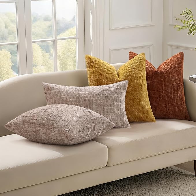 decorUhome Light Brown Chenille Throw Pillow Covers 24x24 Set of 2 Thick Textured Slubby Couch Pillow Covers Farmhouse Accent Modern Neutral Decorative Pillow Cases for Bed Sofa Living Room