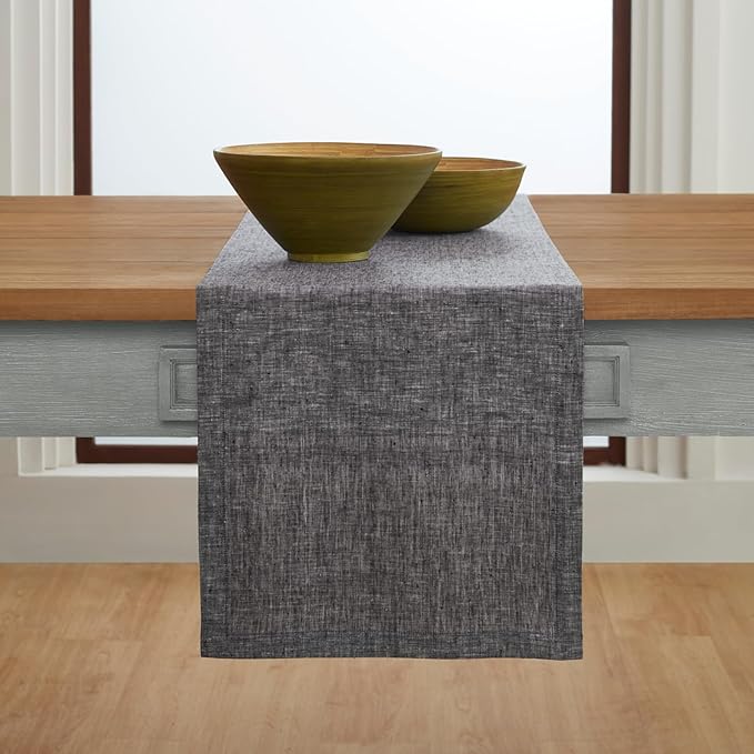 Solino Home Linen Small Table Runner 48 Inches - Athena, 100% Pure Linen Chambray Black Table Runner 14 x 48 Inch Ideal for Dresser and Coffee Tables - Winter